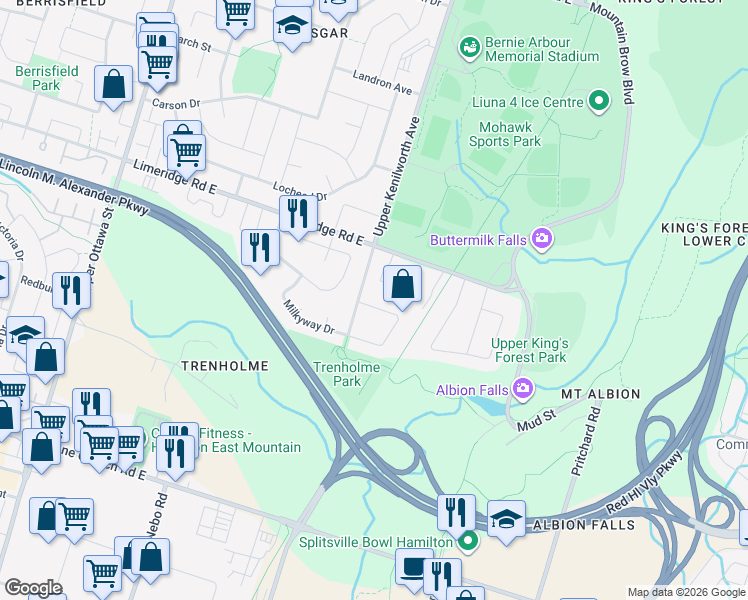 map of restaurants, bars, coffee shops, grocery stores, and more near 15 Trenholme Crescent in Hamilton