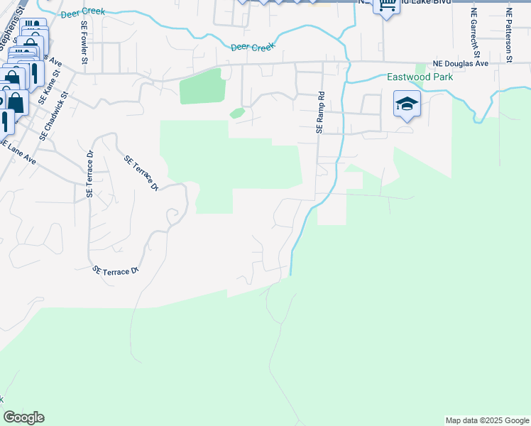 map of restaurants, bars, coffee shops, grocery stores, and more near 25 Southeast Murray Court in Roseburg