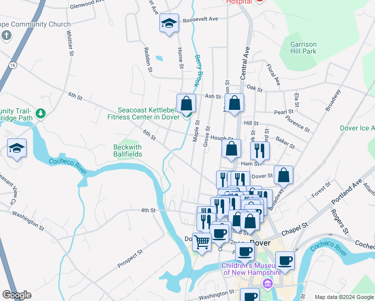 map of restaurants, bars, coffee shops, grocery stores, and more near 2 Maple Street in Dover
