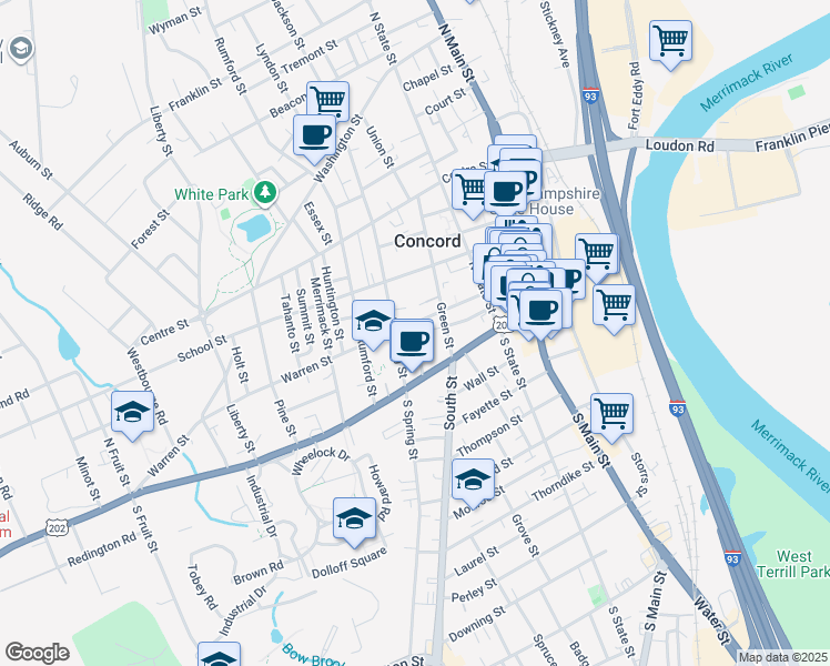 map of restaurants, bars, coffee shops, grocery stores, and more near 18 North Spring Street in Concord