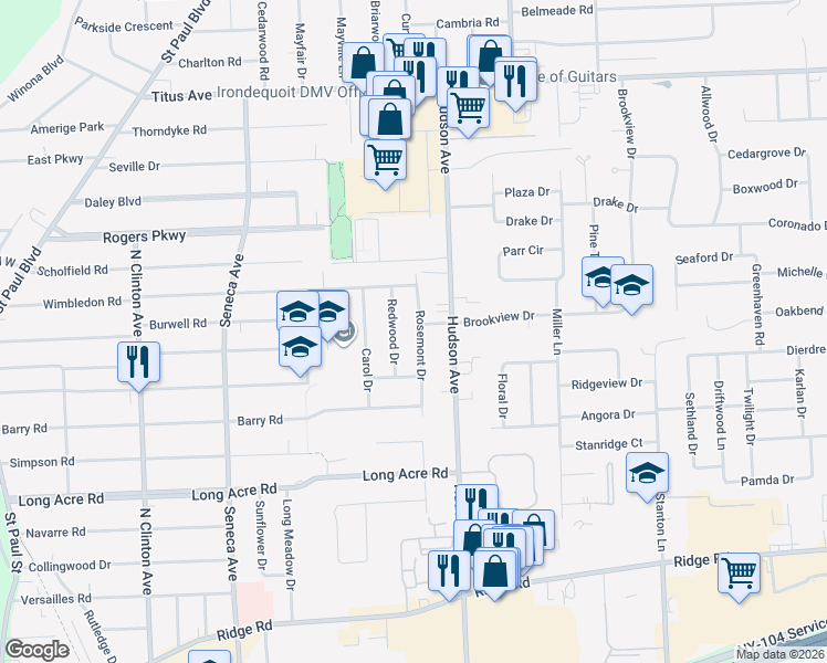 map of restaurants, bars, coffee shops, grocery stores, and more near 28 Redwood Drive in Irondequoit
