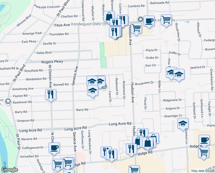 map of restaurants, bars, coffee shops, grocery stores, and more near 75 Carol Drive in Rochester