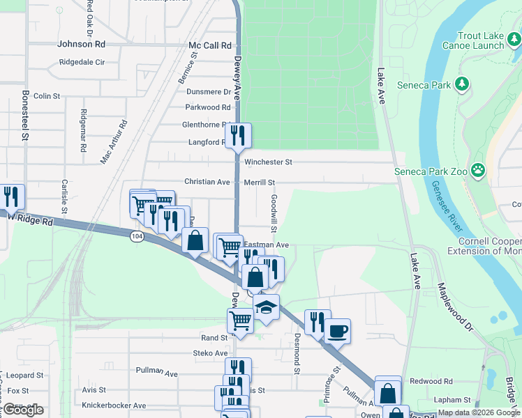 map of restaurants, bars, coffee shops, grocery stores, and more near 20 Velox Street in Rochester