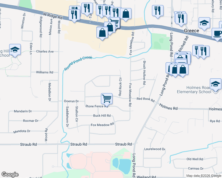 map of restaurants, bars, coffee shops, grocery stores, and more near 196 Red Rock Road in Rochester