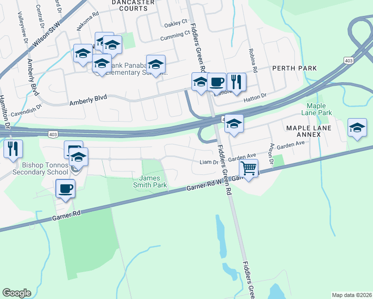 map of restaurants, bars, coffee shops, grocery stores, and more near 74 Foxborough Drive in Hamilton