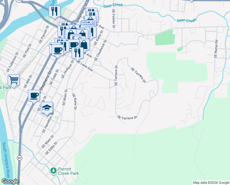 map of restaurants, bars, coffee shops, grocery stores, and more near 964 Southeast Terrace Drive in Roseburg