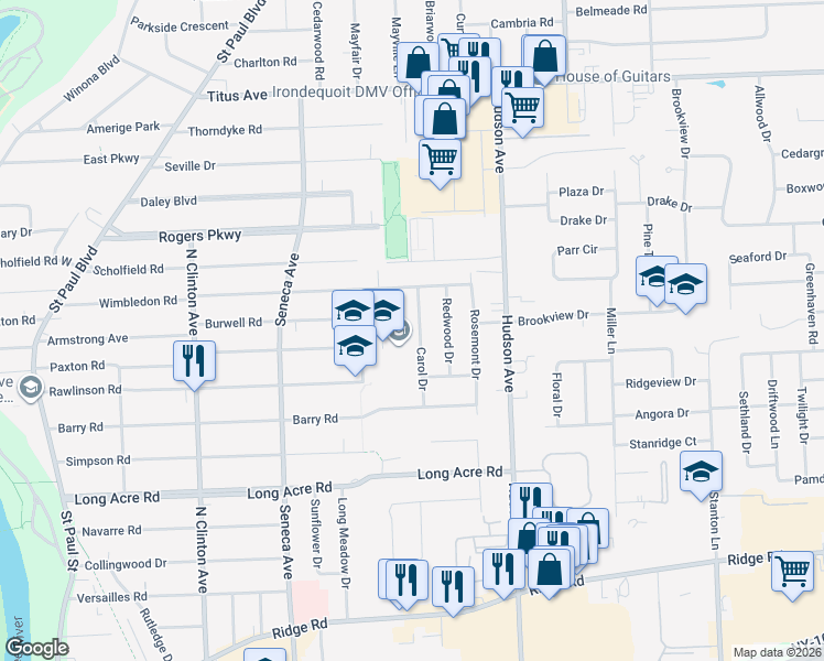 map of restaurants, bars, coffee shops, grocery stores, and more near 75 Carol Drive in Rochester