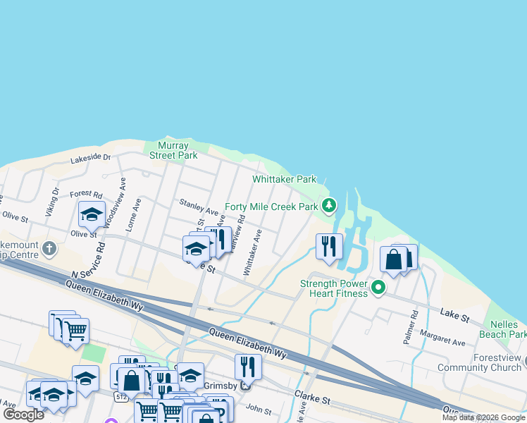 map of restaurants, bars, coffee shops, grocery stores, and more near 35 Whittaker Avenue in Grimsby