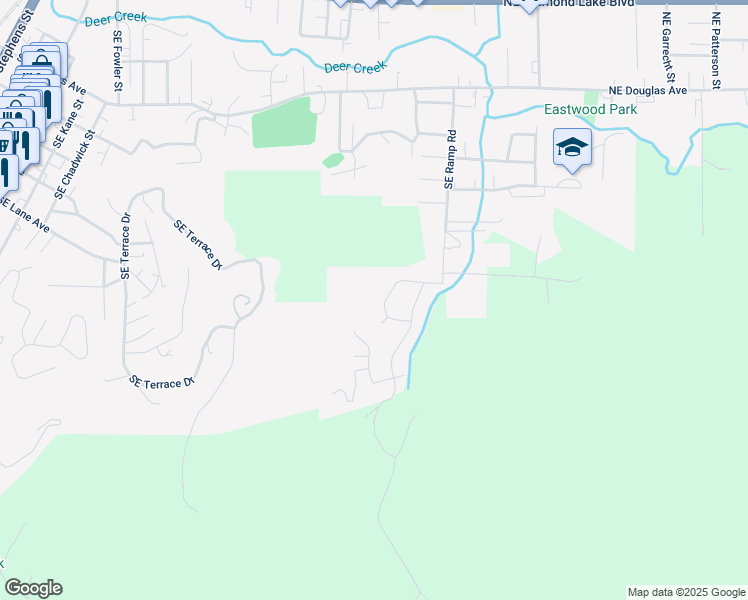 map of restaurants, bars, coffee shops, grocery stores, and more near 25 Southeast Murray Court in Roseburg