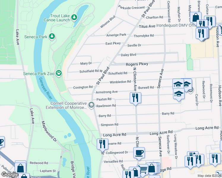 map of restaurants, bars, coffee shops, grocery stores, and more near 101 Armstrong Avenue in Rochester