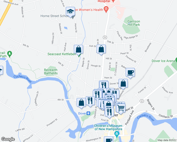 map of restaurants, bars, coffee shops, grocery stores, and more near 71 Grove Street in Dover