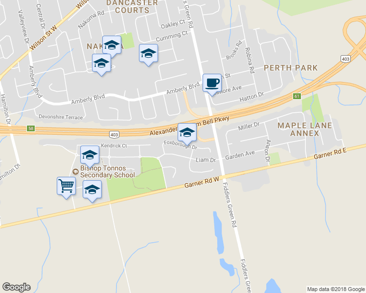 map of restaurants, bars, coffee shops, grocery stores, and more near 78 Foxborough Drive in Hamilton