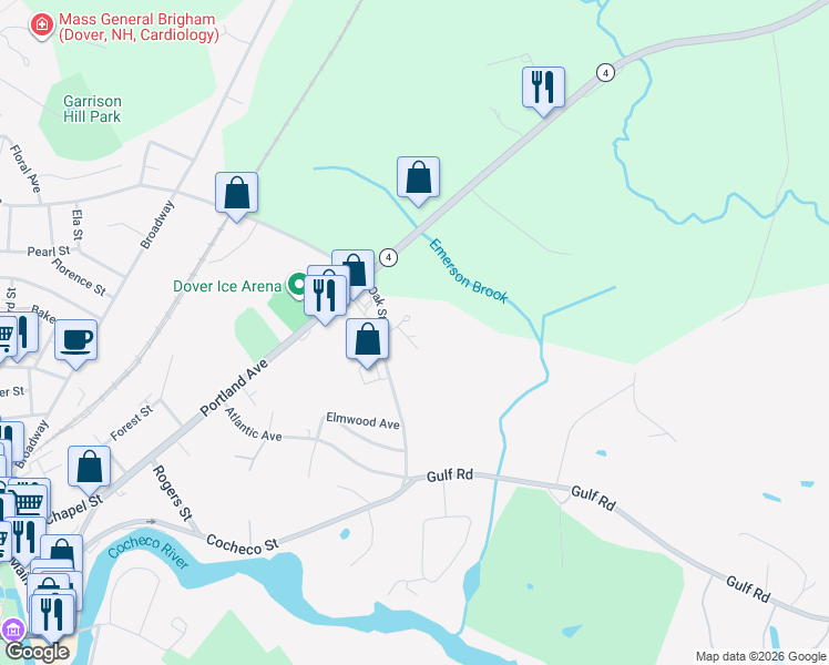 map of restaurants, bars, coffee shops, grocery stores, and more near 87 Oak Street in Dover