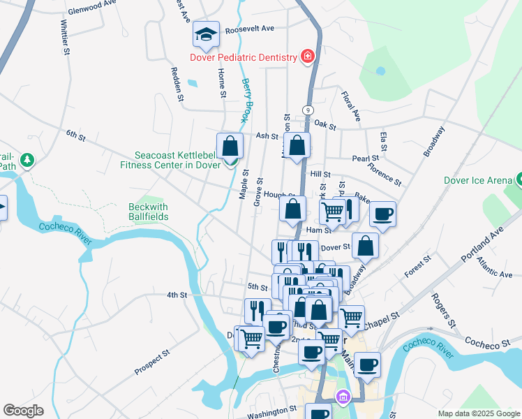map of restaurants, bars, coffee shops, grocery stores, and more near 59 Grove Street in Dover