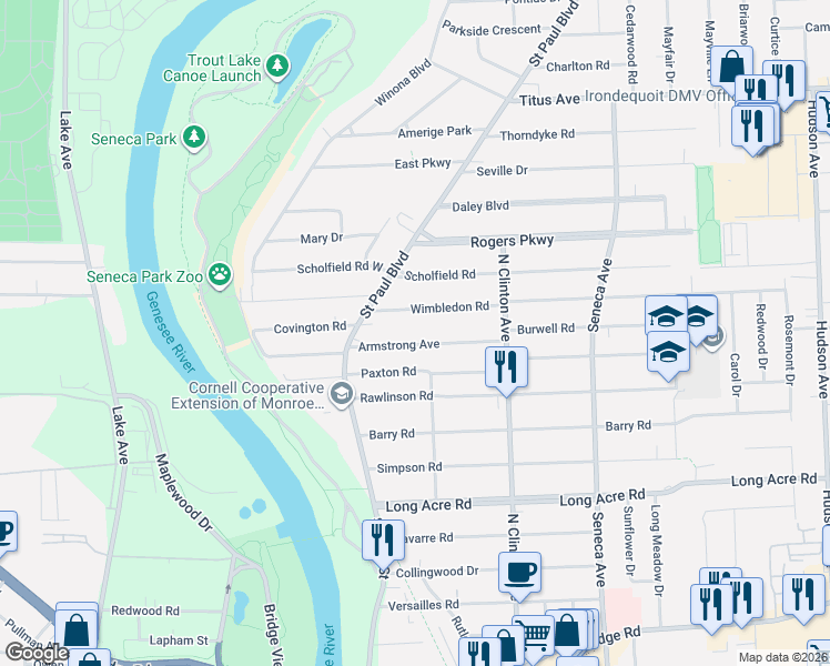 map of restaurants, bars, coffee shops, grocery stores, and more near 101 Armstrong Avenue in Rochester