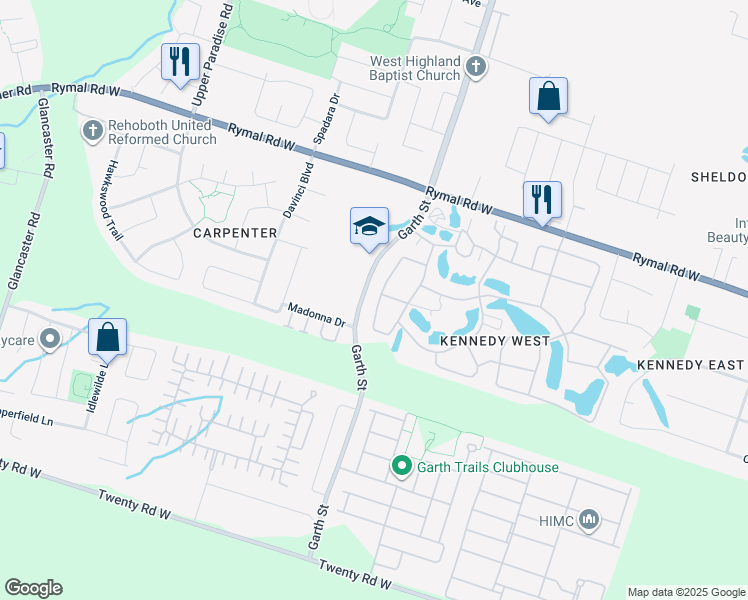 map of restaurants, bars, coffee shops, grocery stores, and more near 50 Sister Varga Terrace in Hamilton