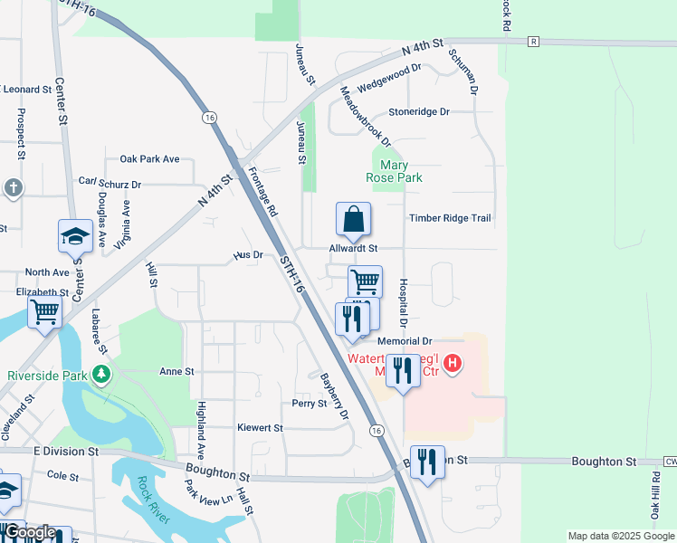 map of restaurants, bars, coffee shops, grocery stores, and more near 1304 Memorial Drive in Watertown