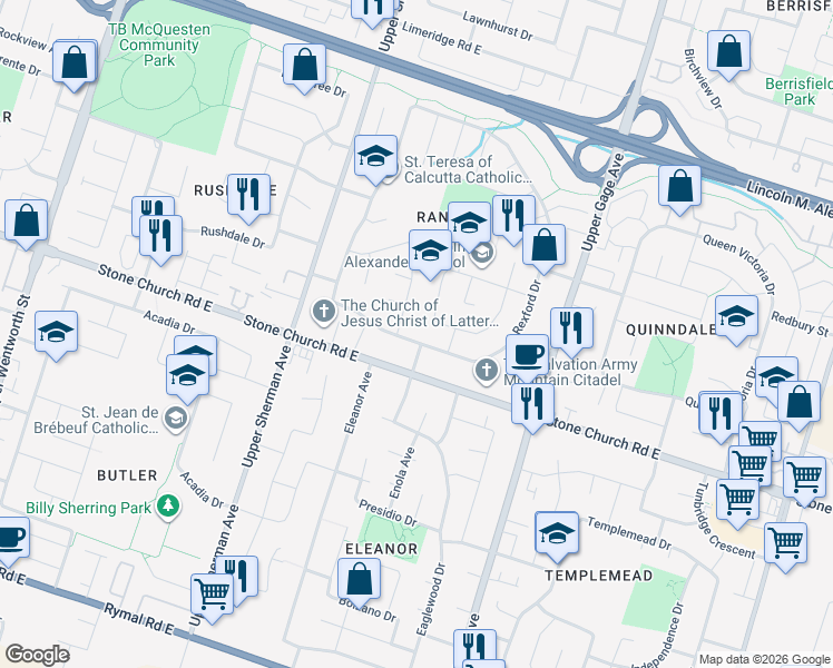 map of restaurants, bars, coffee shops, grocery stores, and more near 527 Rexford Drive in Hamilton