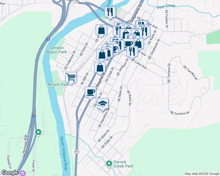 map of restaurants, bars, coffee shops, grocery stores, and more near 1218 Southeast Jackson Street in Roseburg