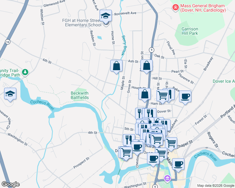 map of restaurants, bars, coffee shops, grocery stores, and more near 2 Maple Street in Dover