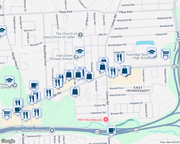 map of restaurants, bars, coffee shops, grocery stores, and more near 1980 East Ridge Road in Rochester