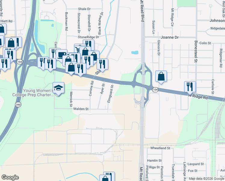 map of restaurants, bars, coffee shops, grocery stores, and more near 120 Elmguard Street in Rochester