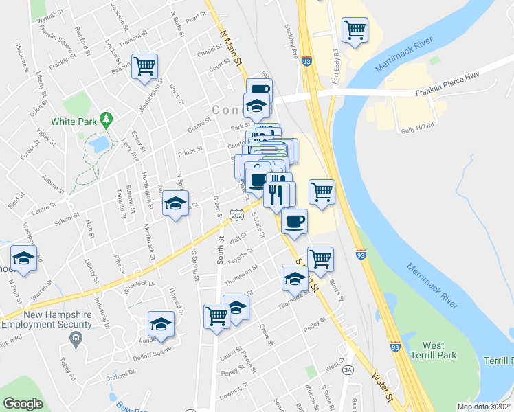map of restaurants, bars, coffee shops, grocery stores, and more near 19 Pleasant Street in Concord