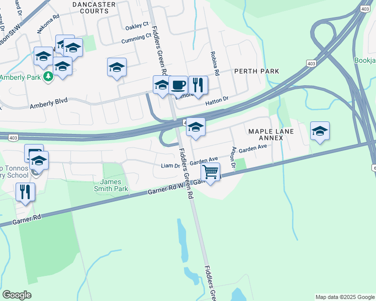 map of restaurants, bars, coffee shops, grocery stores, and more near 15 Miller Drive in Hamilton