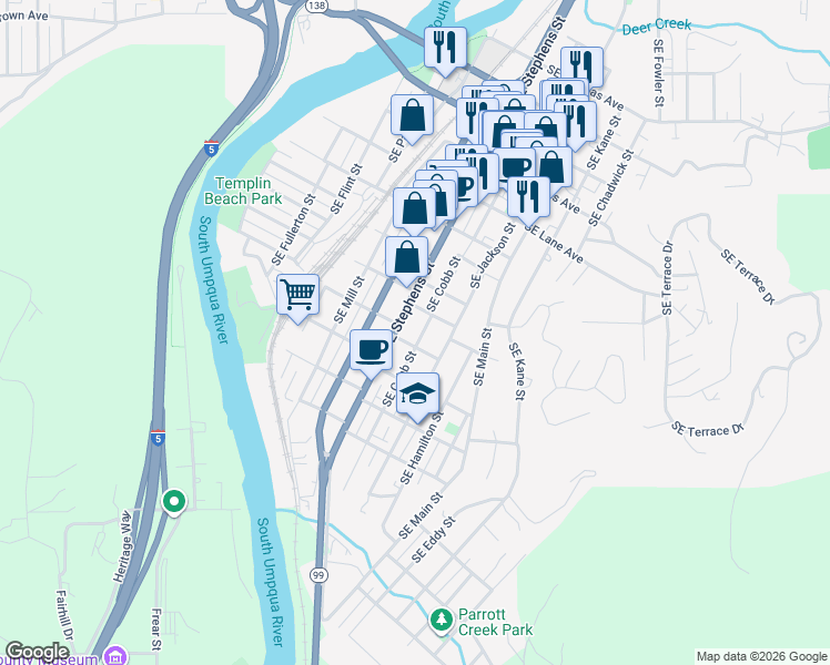 map of restaurants, bars, coffee shops, grocery stores, and more near 1209 Southeast Stephens Street in Roseburg