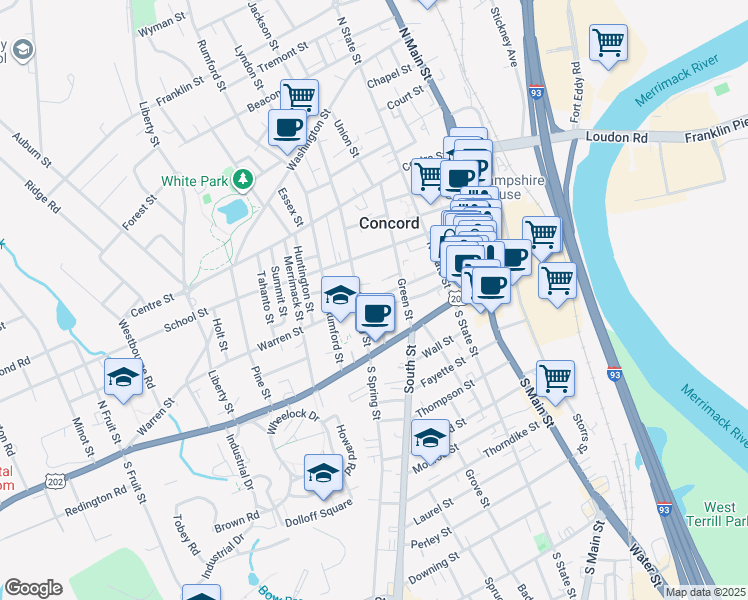 map of restaurants, bars, coffee shops, grocery stores, and more near 40 North Spring Street in Concord
