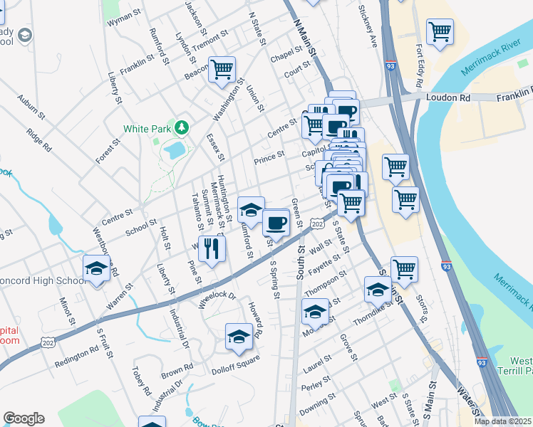 map of restaurants, bars, coffee shops, grocery stores, and more near 40 North Spring Street in Concord