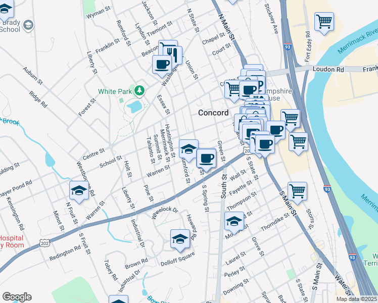 map of restaurants, bars, coffee shops, grocery stores, and more near 42 Rumford Street in Concord