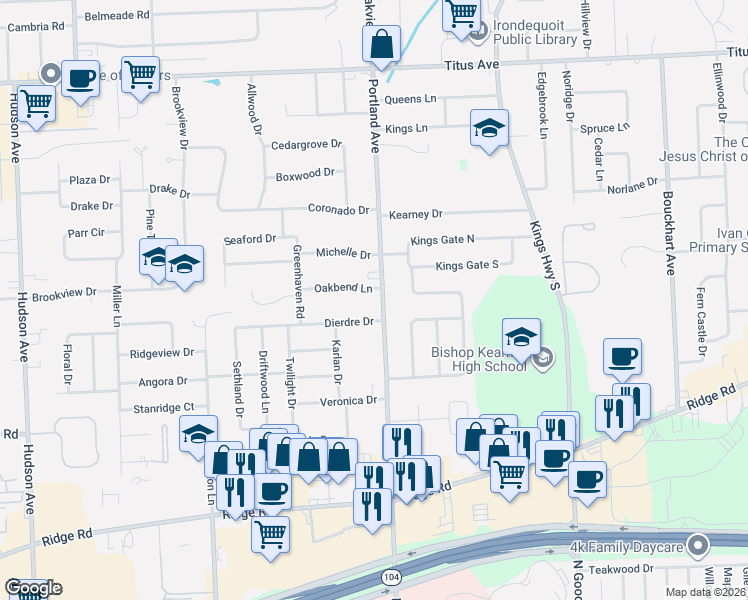 map of restaurants, bars, coffee shops, grocery stores, and more near 90 Oakbend Lane in Rochester