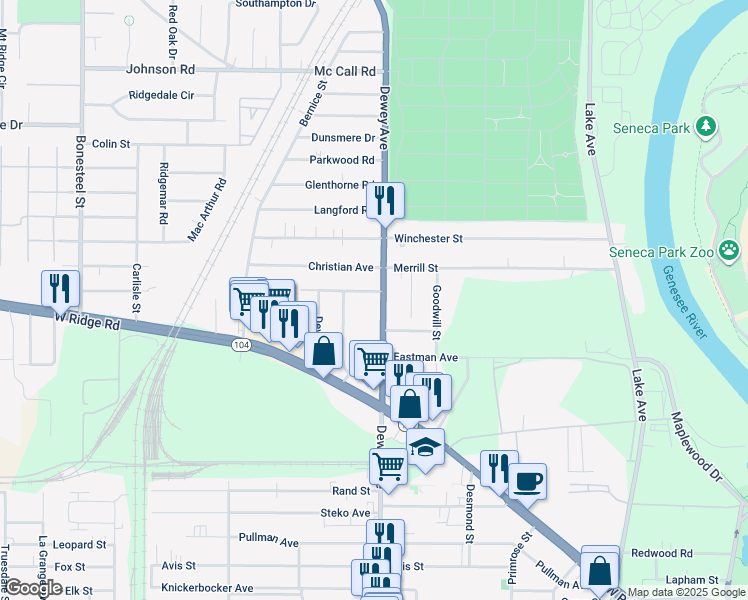 map of restaurants, bars, coffee shops, grocery stores, and more near 1994 Dewey Avenue in Rochester