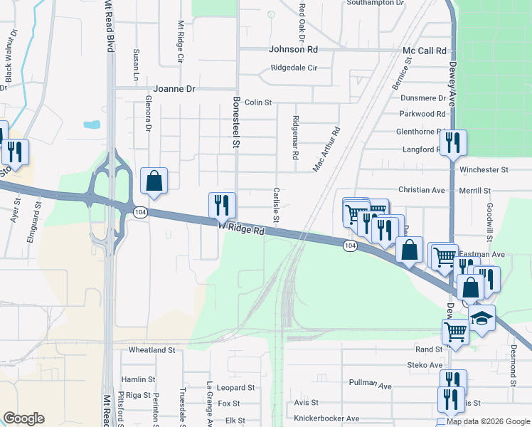 map of restaurants, bars, coffee shops, grocery stores, and more near 65 Everett Street in Rochester