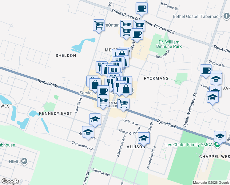 map of restaurants, bars, coffee shops, grocery stores, and more near 1550 James Street North in Hamilton