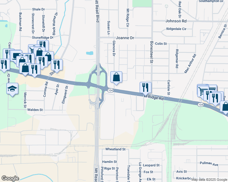 map of restaurants, bars, coffee shops, grocery stores, and more near Ridge Road West & Glenora Drive in Rochester