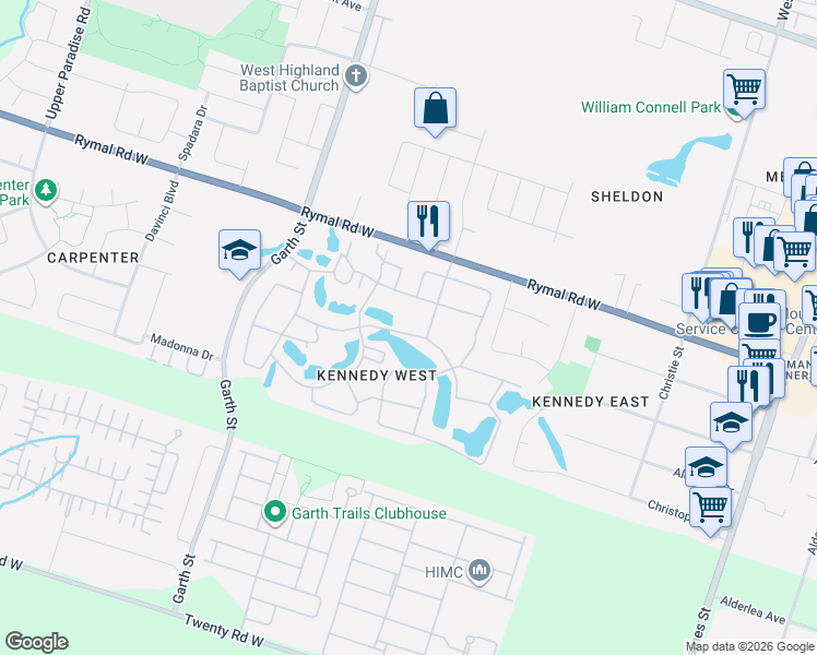 map of restaurants, bars, coffee shops, grocery stores, and more near 32 Cardinal Mindszenty Boulevard in Hamilton