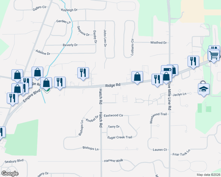 map of restaurants, bars, coffee shops, grocery stores, and more near 731 Ridge Road in Webster
