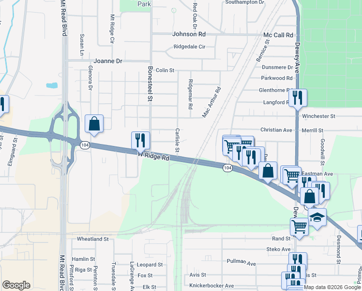 map of restaurants, bars, coffee shops, grocery stores, and more near 66 Carlisle Street in Rochester