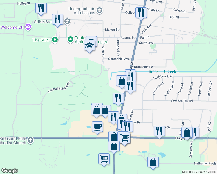 map of restaurants, bars, coffee shops, grocery stores, and more near 608 Ellis Drive in Brockport