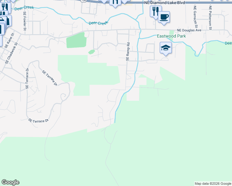 map of restaurants, bars, coffee shops, grocery stores, and more near 2118 Southeast Lois Drive in Roseburg