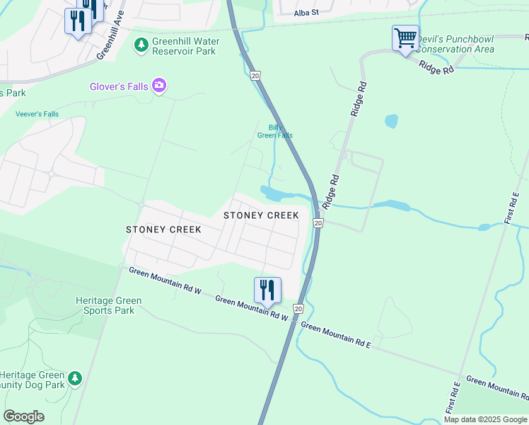 map of restaurants, bars, coffee shops, grocery stores, and more near Crafter Crescent in Hamilton