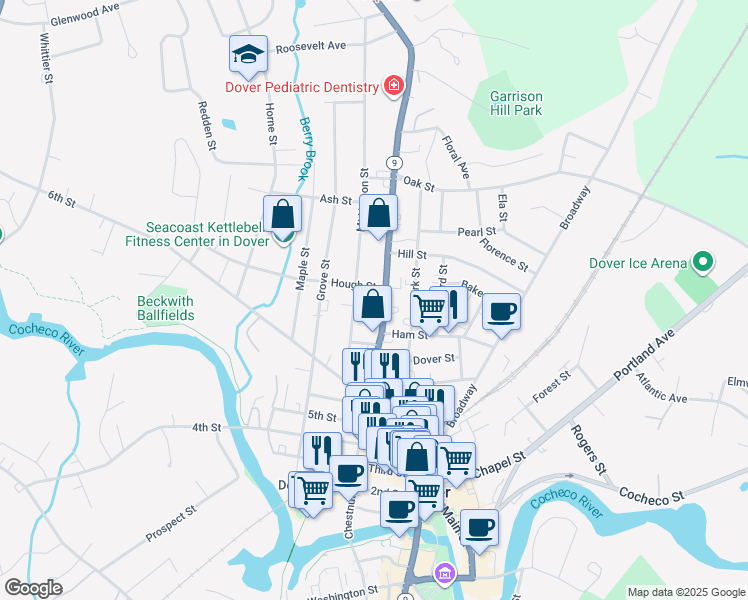 map of restaurants, bars, coffee shops, grocery stores, and more near 622 Central Avenue in Dover