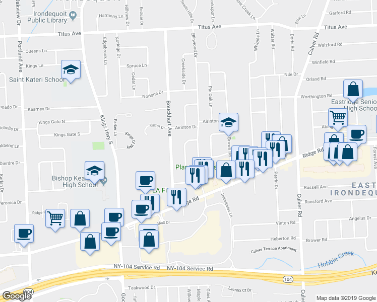 map of restaurants, bars, coffee shops, grocery stores, and more near 118 Fern Castle Drive in Rochester
