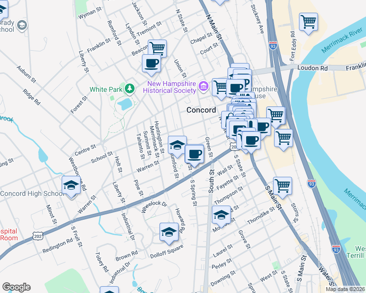 map of restaurants, bars, coffee shops, grocery stores, and more near 40 North Spring Street in Concord