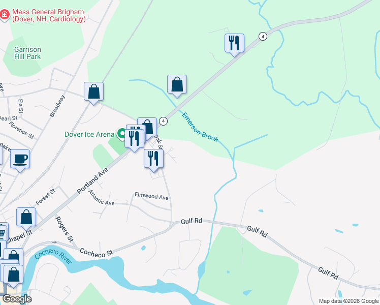 map of restaurants, bars, coffee shops, grocery stores, and more near 99 Oak Street in Dover