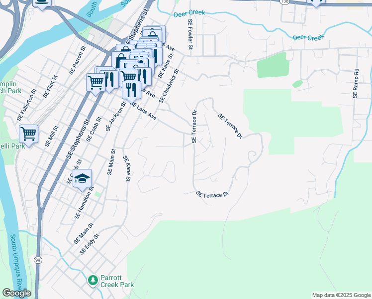 map of restaurants, bars, coffee shops, grocery stores, and more near 1419 Southeast Reservoir Avenue in Roseburg