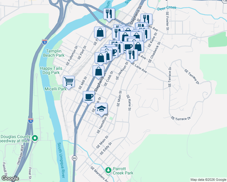 map of restaurants, bars, coffee shops, grocery stores, and more near 837 Southeast Blakeley Avenue in Roseburg