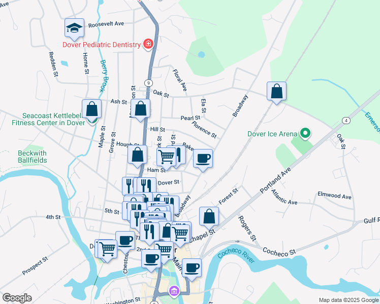 map of restaurants, bars, coffee shops, grocery stores, and more near 29 Baker Street in Dover